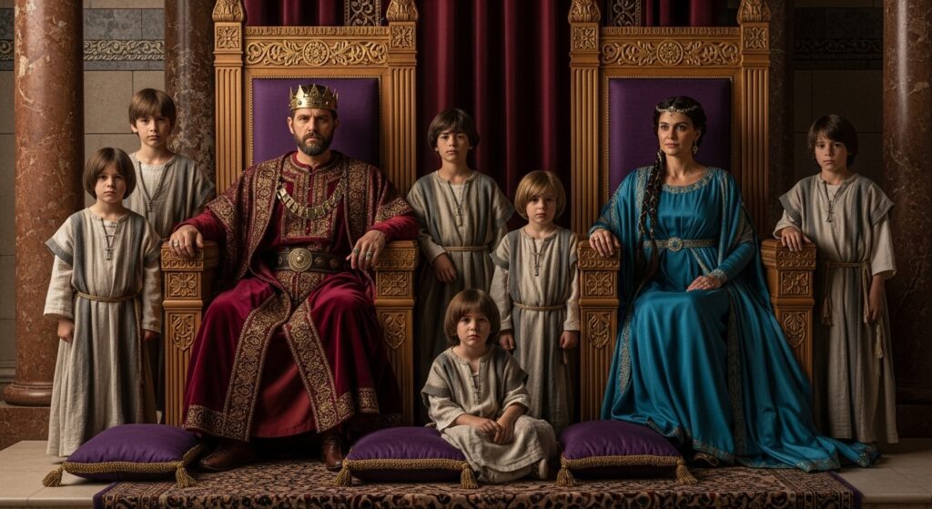 Roboam en la Biblia con su familia y herederos