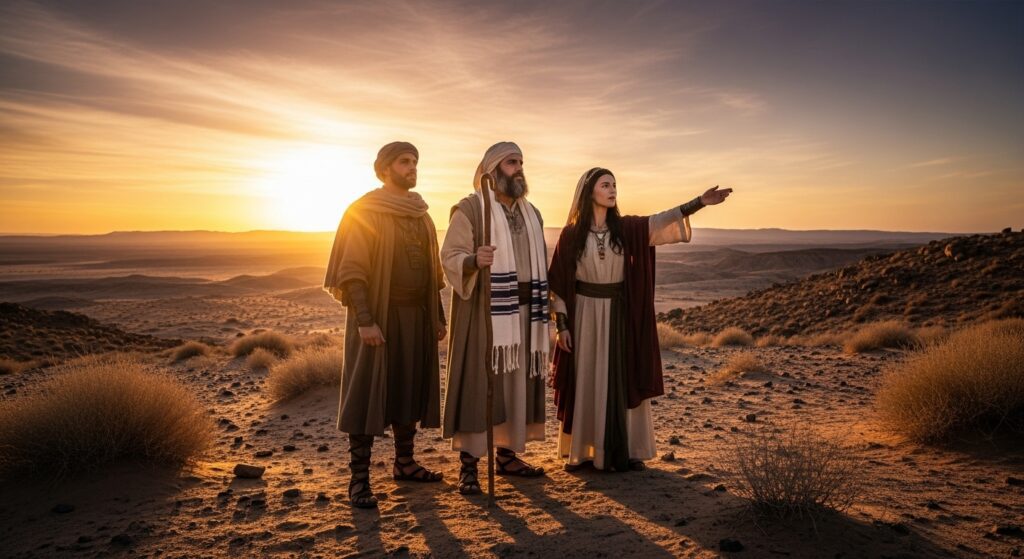 Miriam con Moisés y Aarón Miriam profetisa junto a sus hermanos Moisés y Aarón, liderazgo en el éxodo