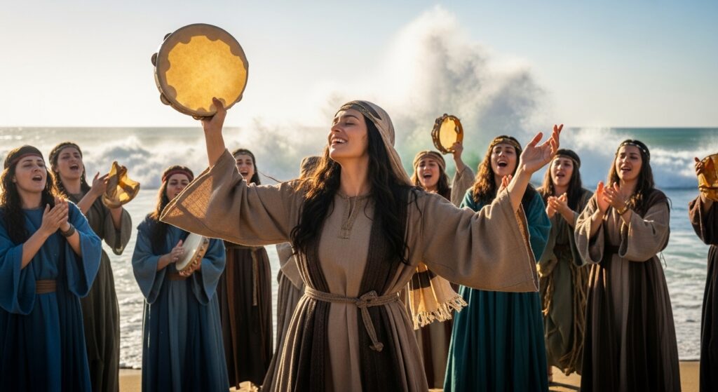 Miriam con pandereta Historia de Miriam liderando la celebración con pandereta en el Mar Rojo