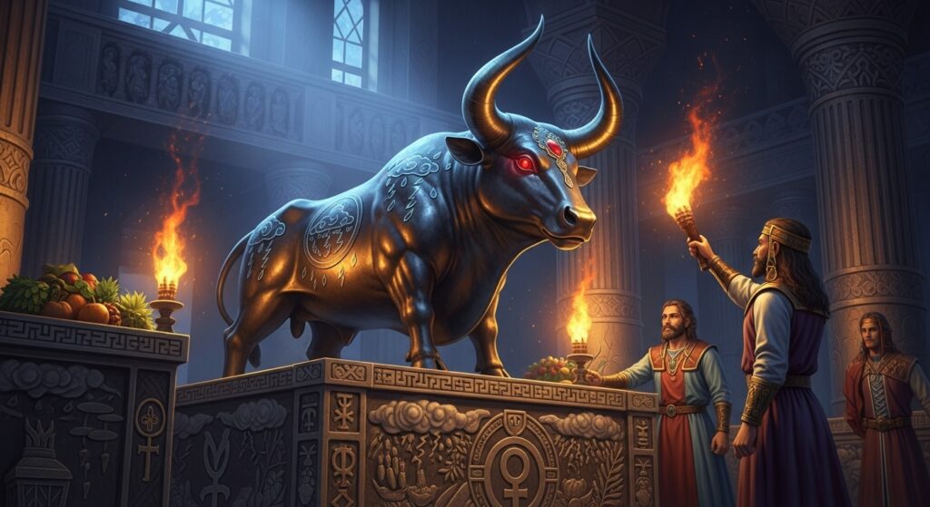 Representación de un ídolo de Baal siendo adorado en un templo, con sacerdotes y ofrendas.