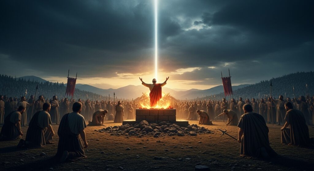 Elías en el Monte Carmelo invocando fuego del cielo sobre su altar, frente a los profetas de Baal y la multitud.