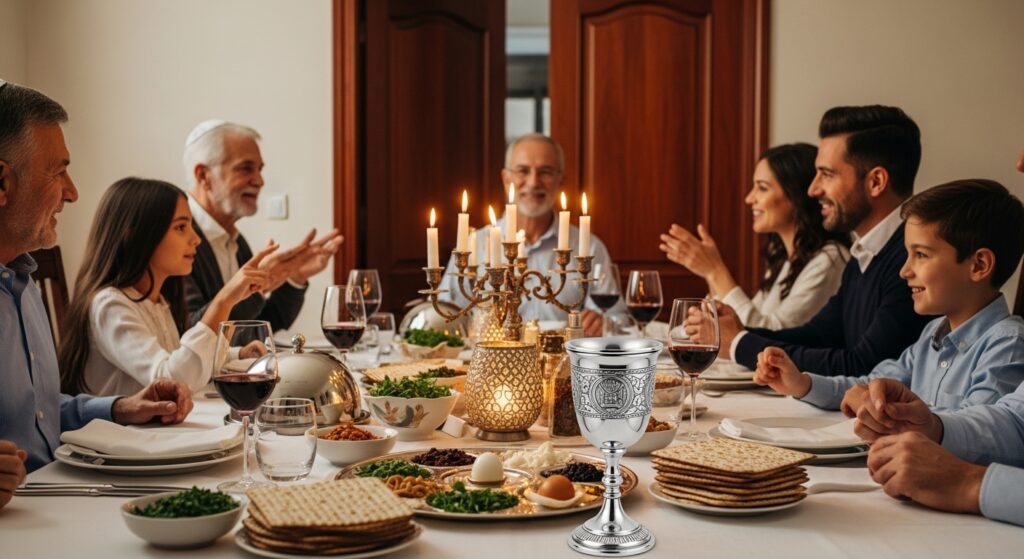 Mesa de Séder de Pésaj con la Copa de Elías (Kos Eliyahu) en el centro, simbolizando la esperanza mesiánica.