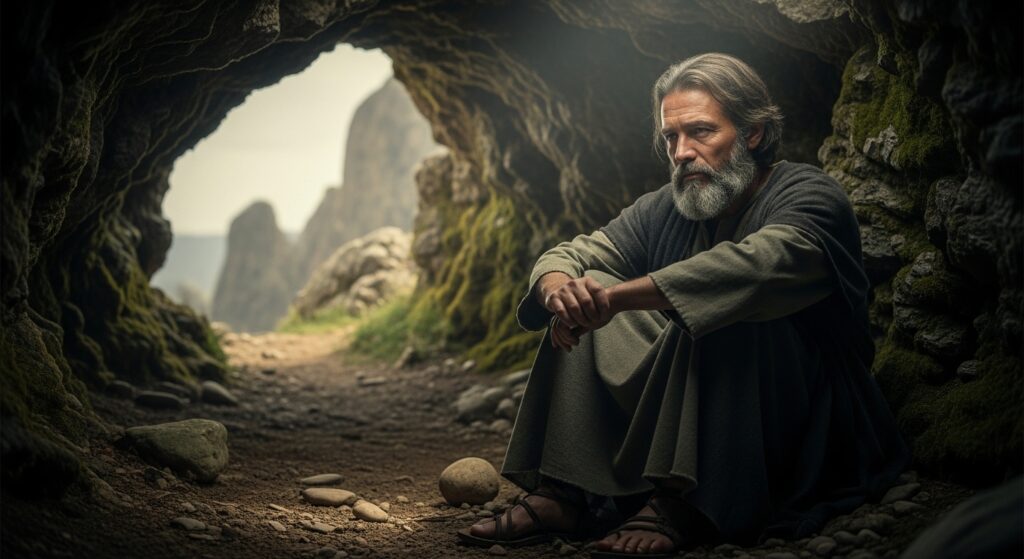 Elías meditando en la oscuridad de una cueva en el Monte Horeb, iluminado por una luz suave y apacible.