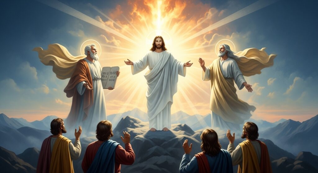 La Transfiguración de Jesús en el monte, flanqueado por Moisés y Elías profeta de fuego, ante sus discípulos.