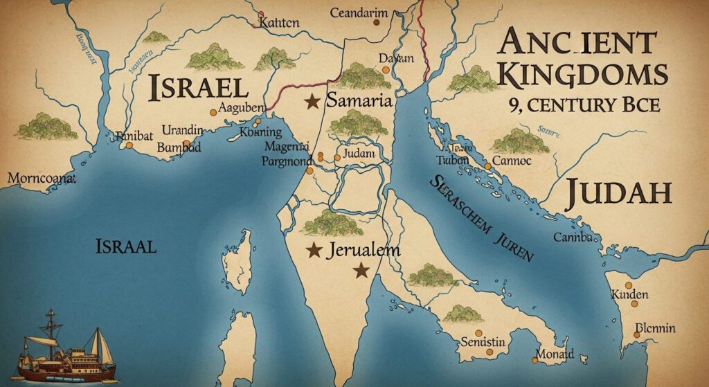 Mapa antiguo de Israel del siglo IX a.C., mostrando los reinos divididos de Israel y Judá, rutas comerciales y símbolos de culto a Baal.