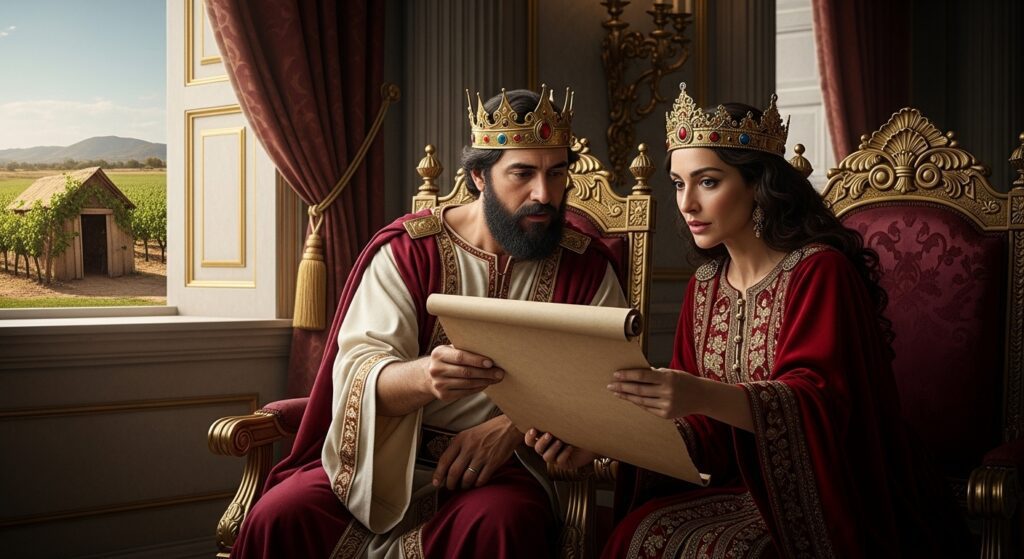 Elías confronta al rey Acab en la viña de Nabot, denunciando la injusticia y el abuso de poder.