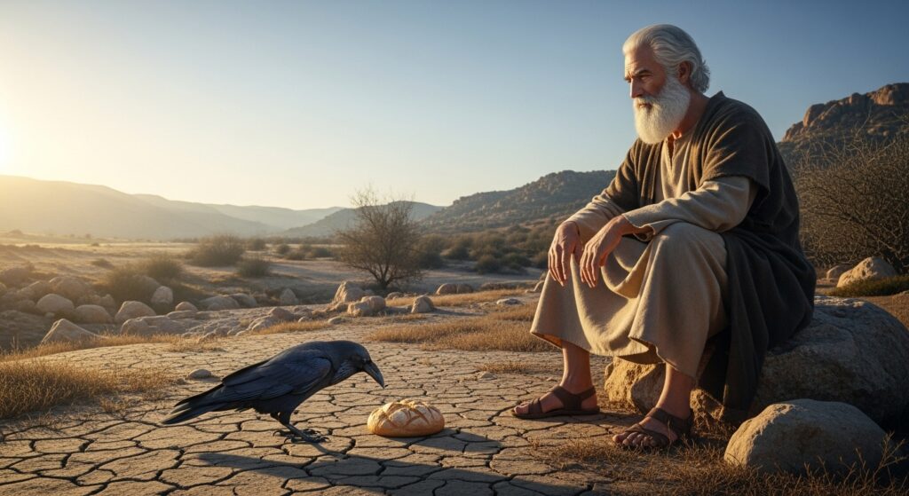 El profeta Elías sentado junto al arroyo Querit, recibiendo pan de un cuervo, un signo de la providencia divina.