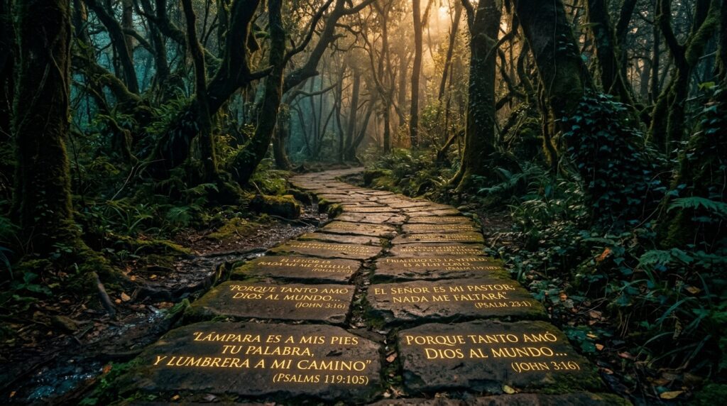 Camino de piedra con versículos bíblicos grabados representando el palacio de la memoria