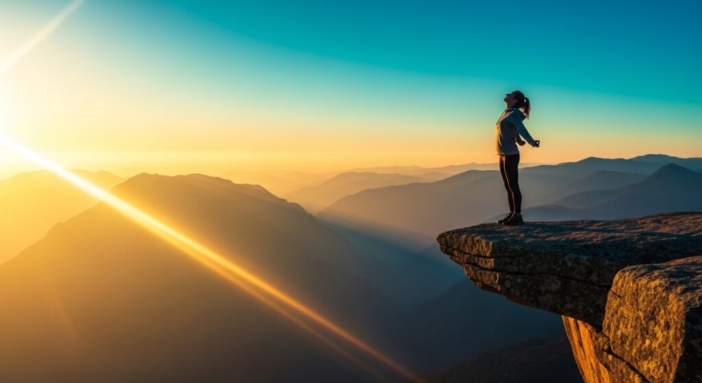 Persona en paz frente a un paisaje montañoso bíblico simbolizando la superación de la ansiedad.