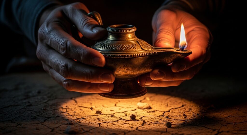 ansiedad - Lámpara de aceite antigua iluminando la oscuridad, metáfora de la fe guiando en la ansiedad.