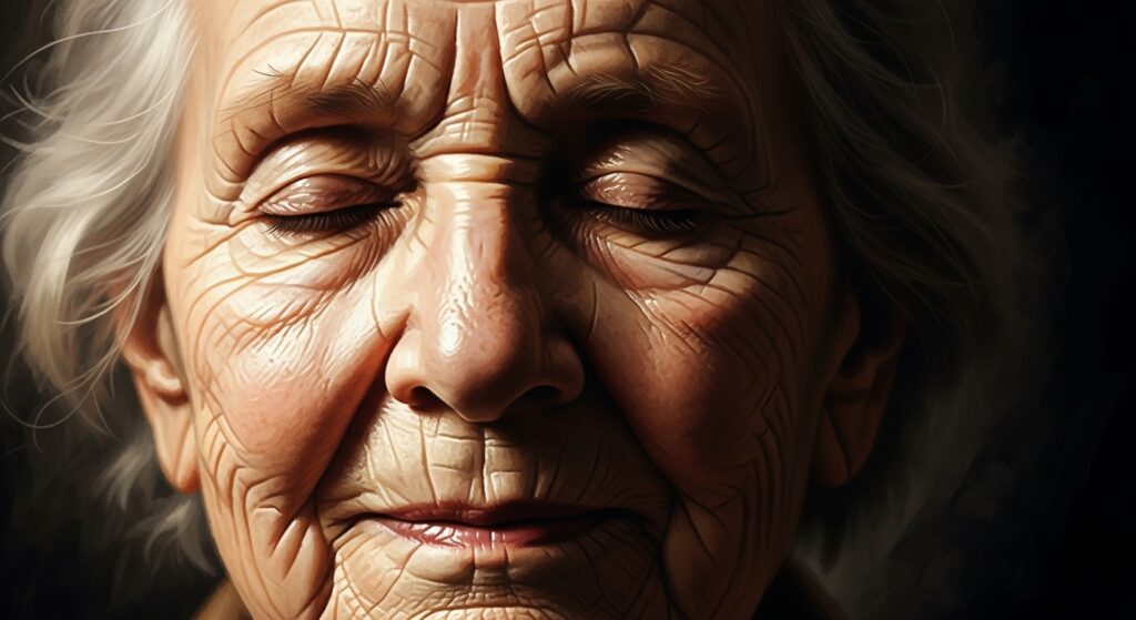 Rostro expresivo de paz y gratitud profunda.