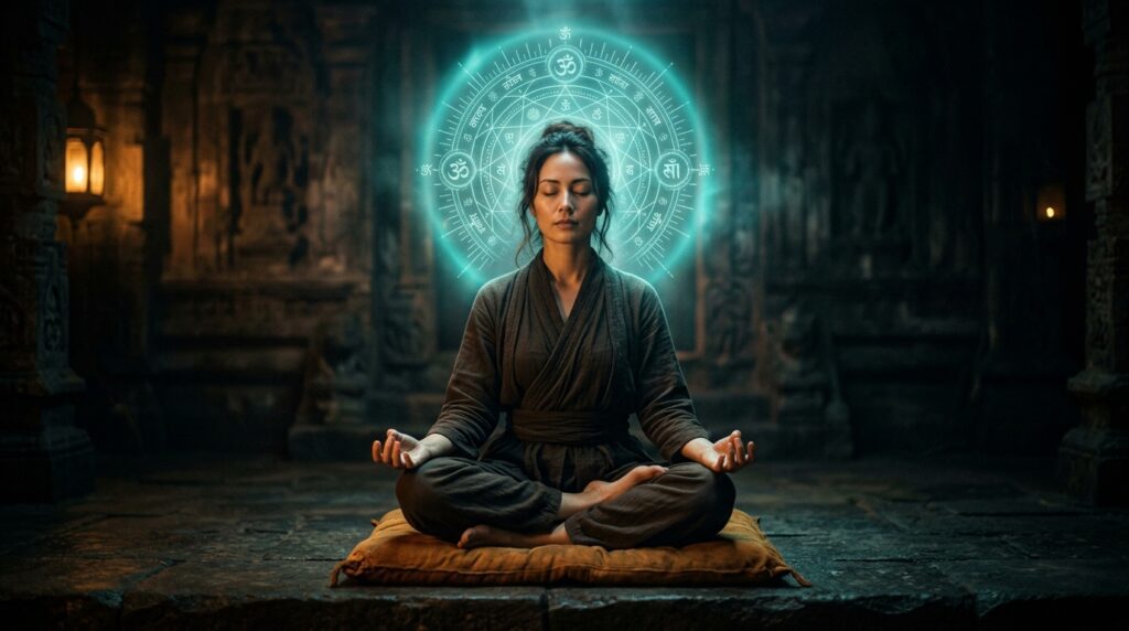 El arte de memorizar salmos Persona meditando en la Biblia con representación visual de actividad cerebral espiritual.