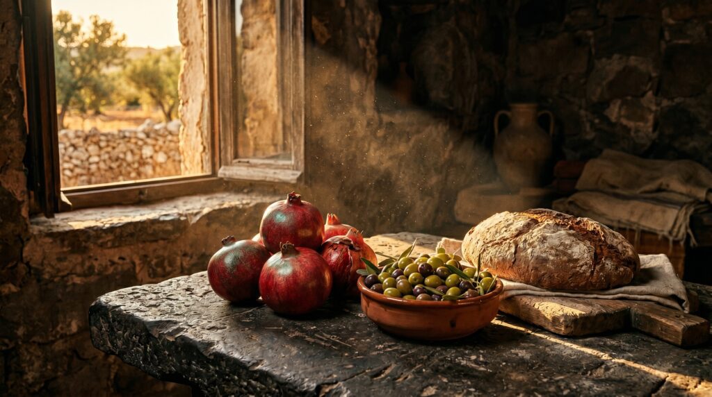 Bodegón bíblico con granadas, aceitunas y pan de cebada representando la dieta para el cerebro.