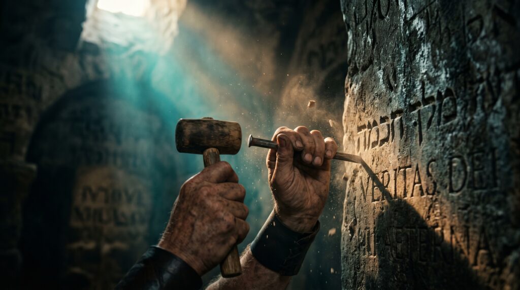 Mano tallando letras antiguas en piedra con iluminación mística.