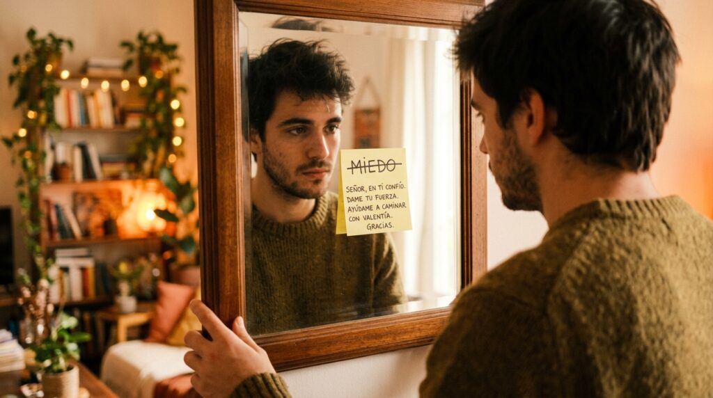 Hombre realizando ejercicio de acróstico frente al espejo.