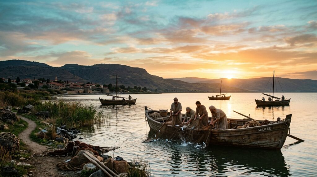 Paisaje del Mar de Galilea al amanecer evocando la pesca de los discípulos.