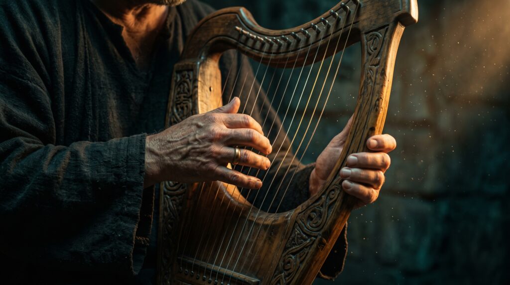 Manos tocando un arpa antigua de madera con iluminación cinematográfica en tonos ocre y turquesa.