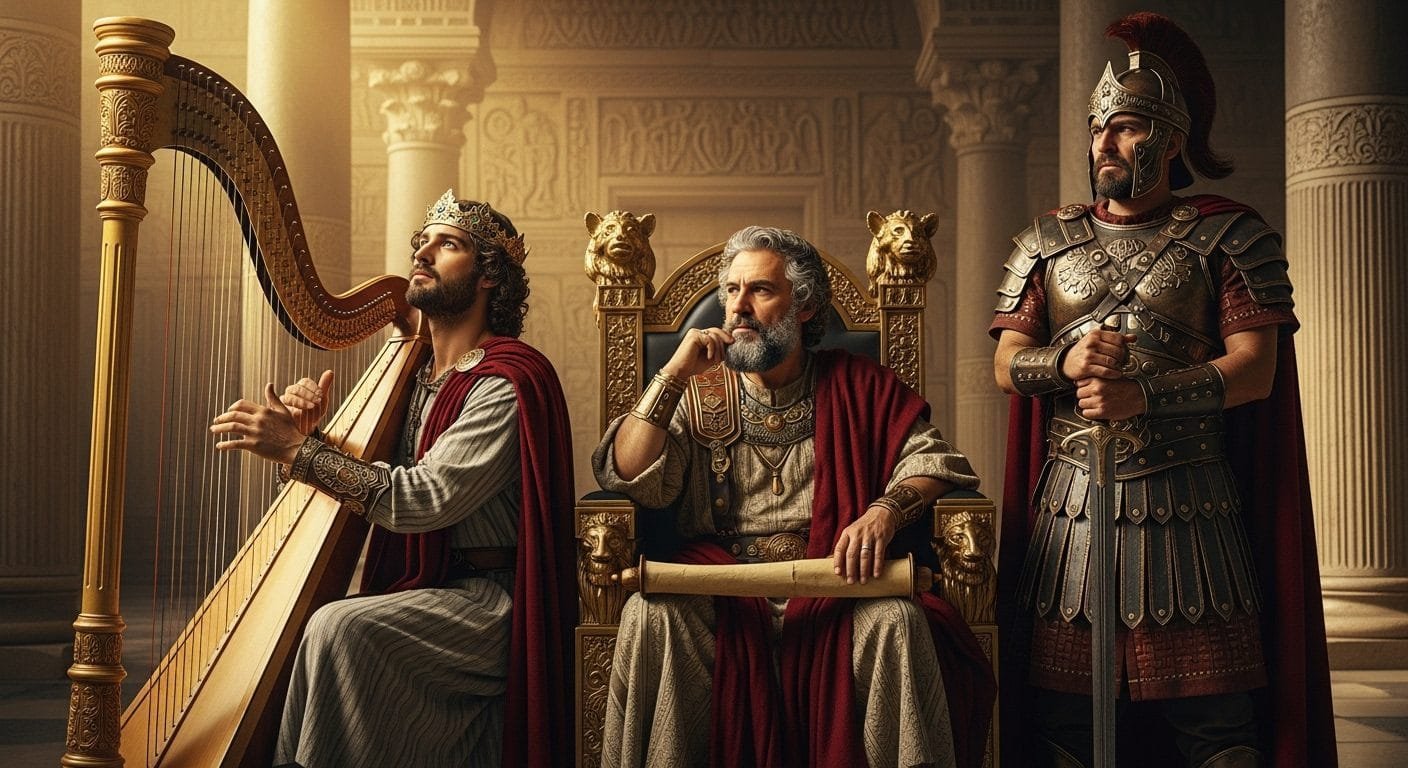 Ilustración de los reyes de Israel, con una corona, un arpa y un trono