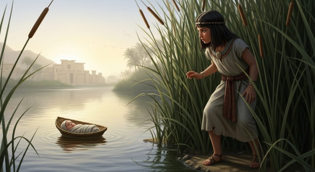 Miriam en la Biblia vigilando a su hermano Moisés en el río Nilo