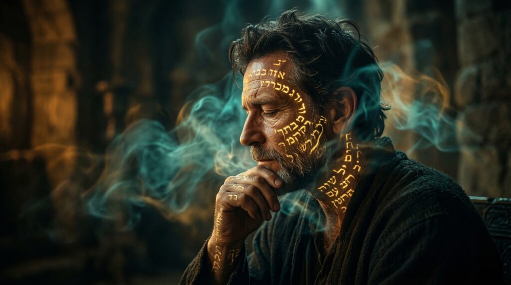 Perfil de una persona en meditación con escrituras hebreas doradas grabadas en su piel, iluminación ocre y turquesa.