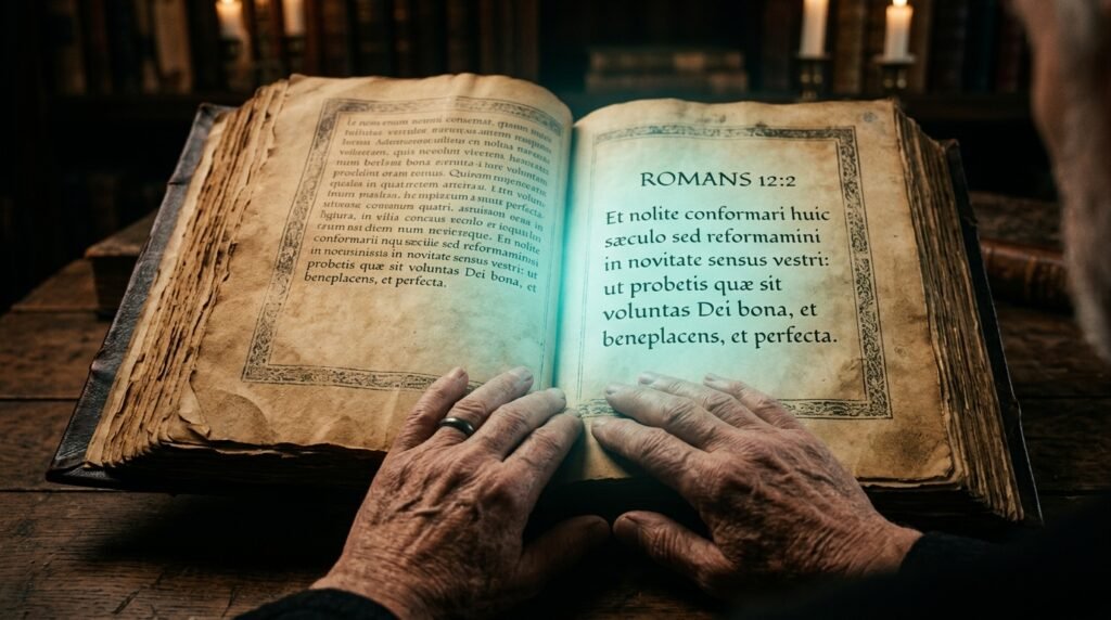 Romanos 12-2 Biblia abierta en Romanos 12 sobre la transformación mental.