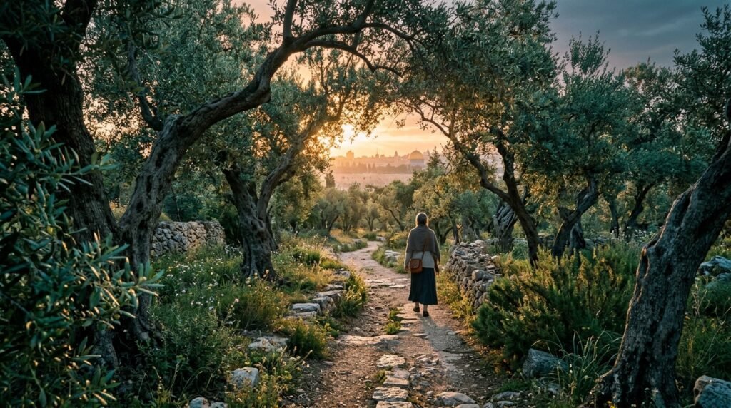 camino-paz-neuroplasticidad fe contra el deterioro cognitivo. Sendero entre olivos antiguos que representa el camino de la salud mental y espiritual.