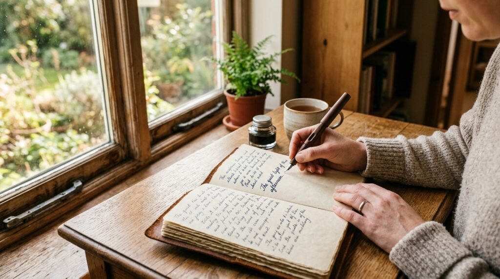 escritura-manual-ejercicio-cerebral Persona escribiendo a mano en un diario devocional para fortalecer la memoria.