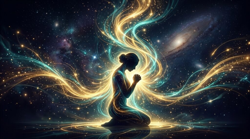 luz-espiritual-energia-cerebral Silueta humana en oración con flujo de luz representando la resiliencia neurológica.