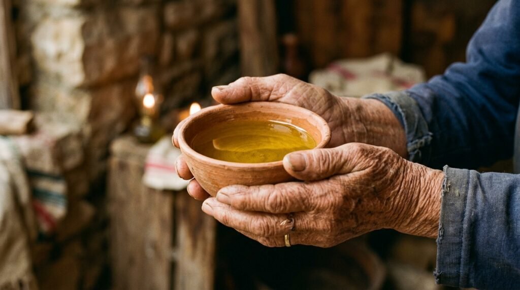 Dieta mediterránea - Manos ancianas sosteniendo aceite de oliva virgen.