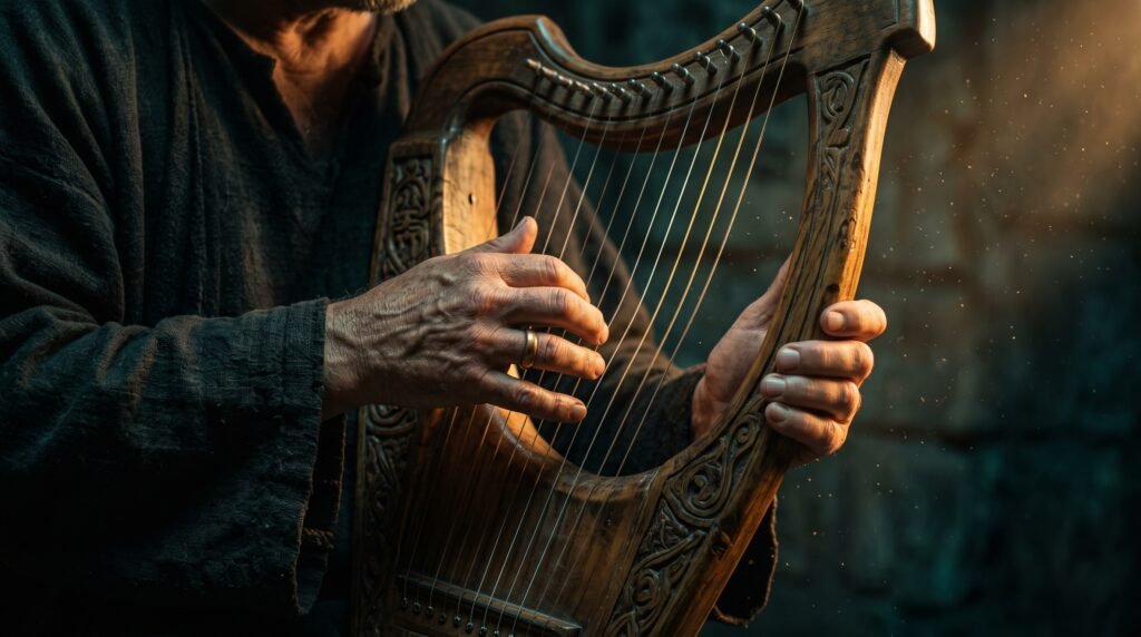 Manos tocando un arpa antigua de madera con iluminación cinematográfica en tonos ocre y turquesa.