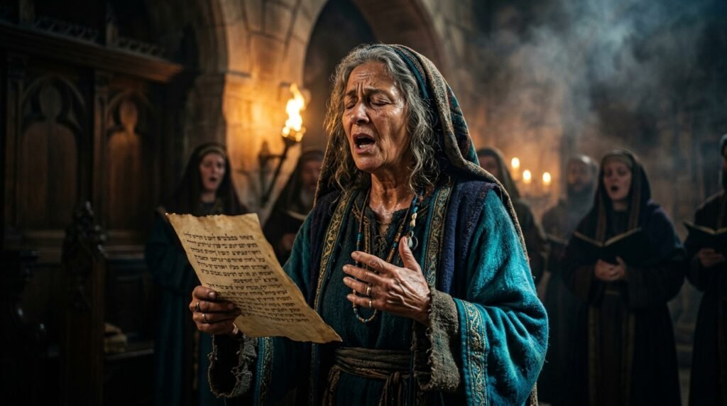 cantante-salmodia-biblica-devocion Cantante con vestimentas históricas entonando un canto devocional con iluminación dramática.