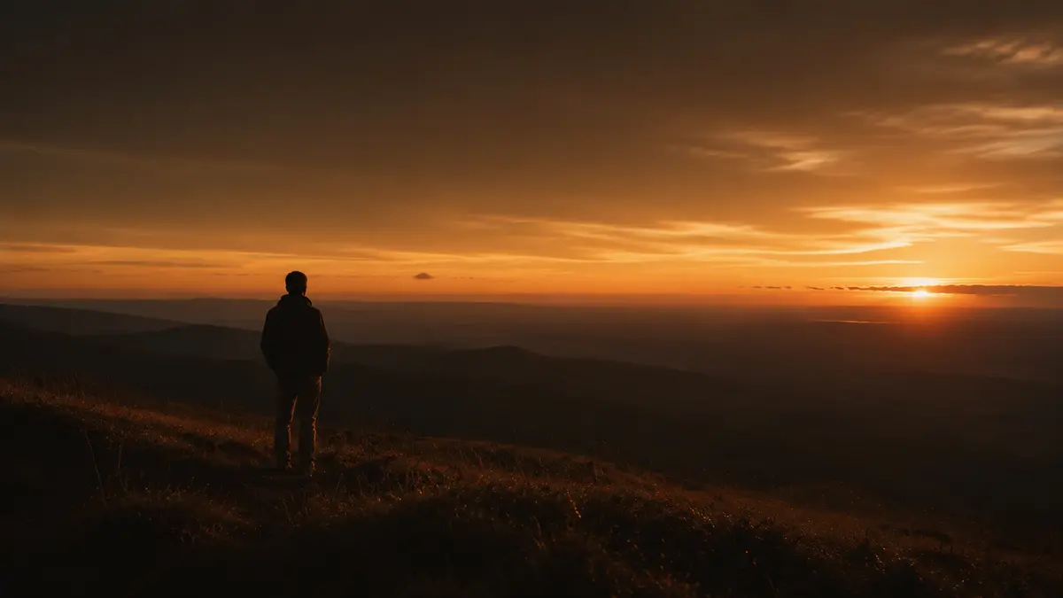 Persona contemplando un amanecer desde una montaña, símbolo de confianza y descanso ante las preocupaciones