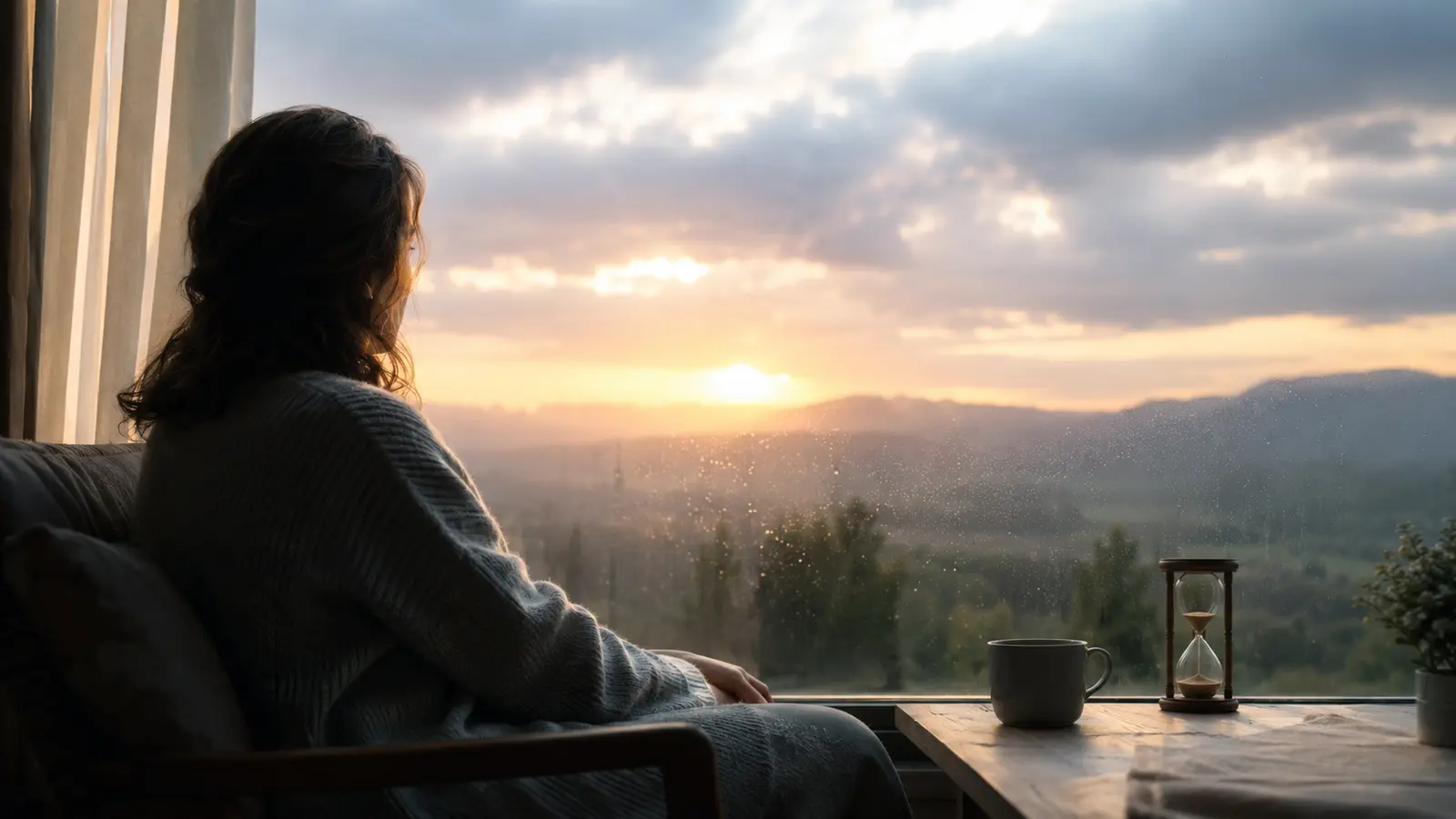Una mujer espera en calma junto a una ventana al amanecer y un reloj de arena