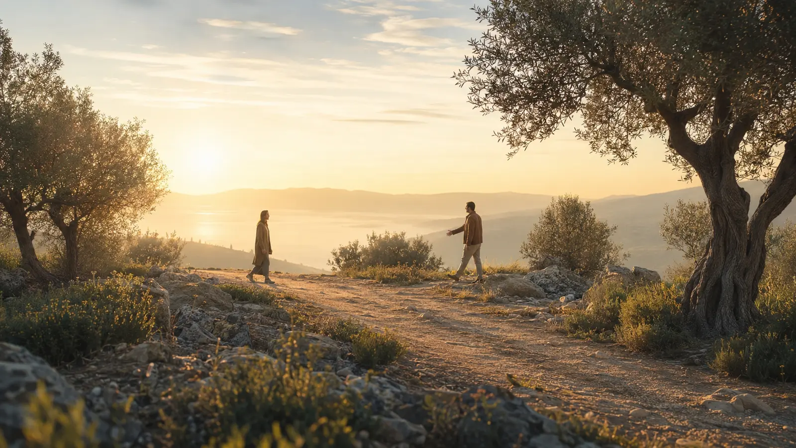 Dos personas se acercan por un sendero al amanecer en un gesto de reconciliación