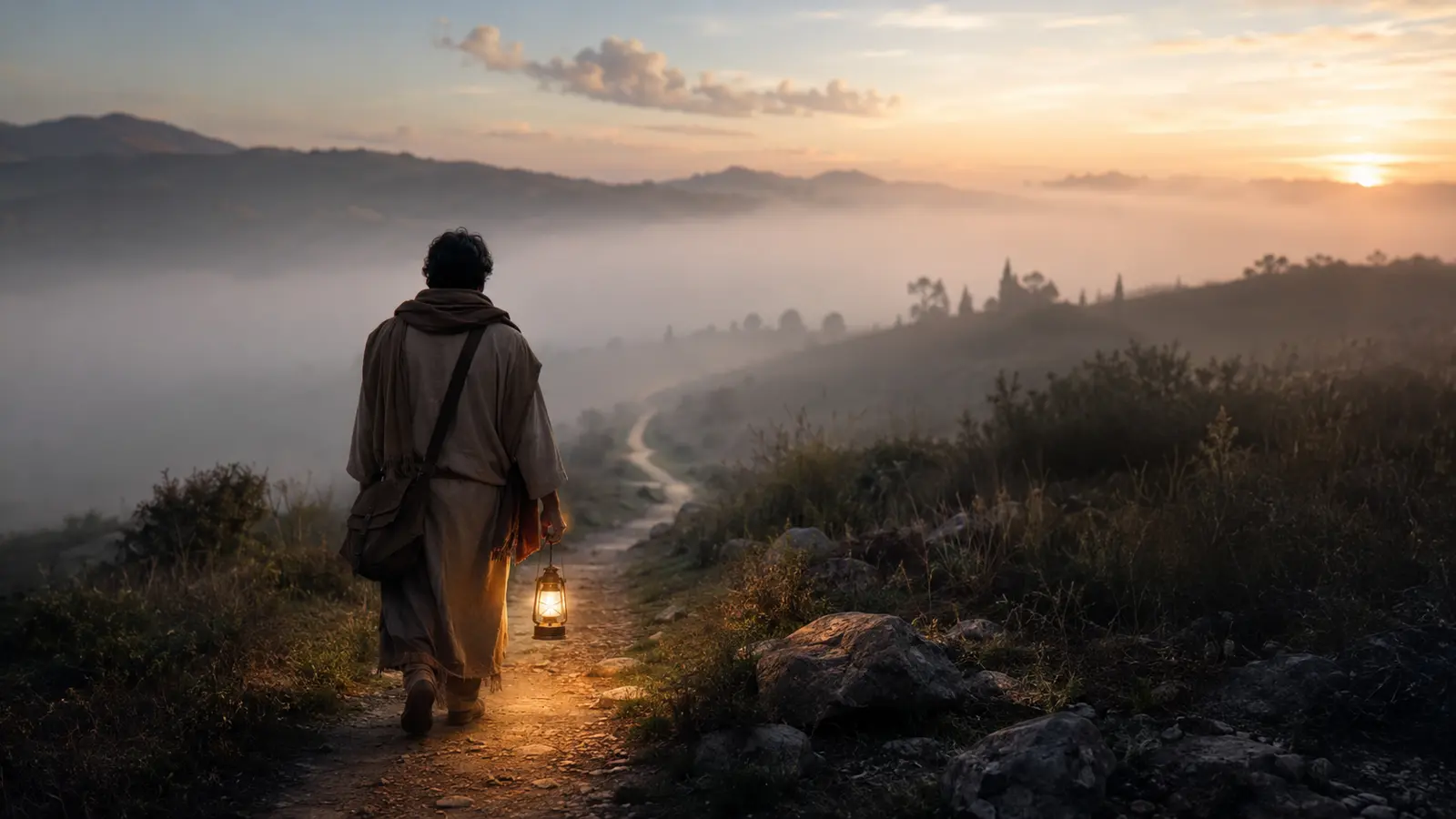 Caminante con una lámpara que ilumina el siguiente tramo de un sendero al amanecer