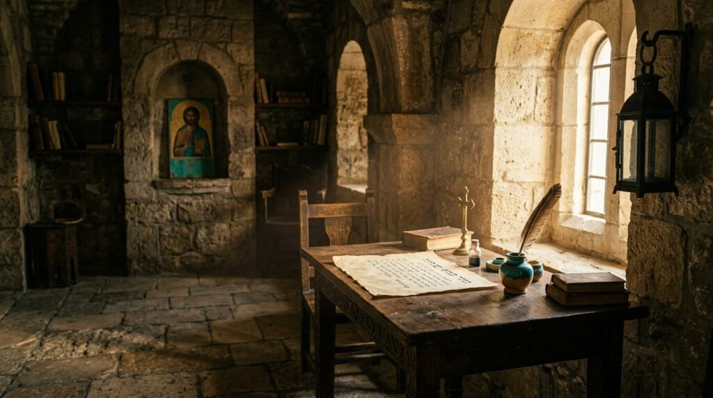 espacio-meditacion-salmos-antiguo Habitación de piedra antigua con luz natural filtrándose por la ventana sobre una mesa de trabajo.
