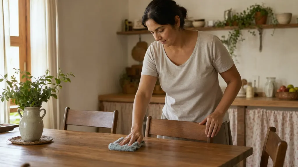Una mujer realiza con cuidado una tarea cotidiana sencilla en una mesa