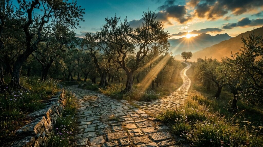 interior_2_camino_piedra_paisaje_biblico Camino de piedra en un paisaje bíblico iluminado por el amanecer para la meditación al aire libre.
