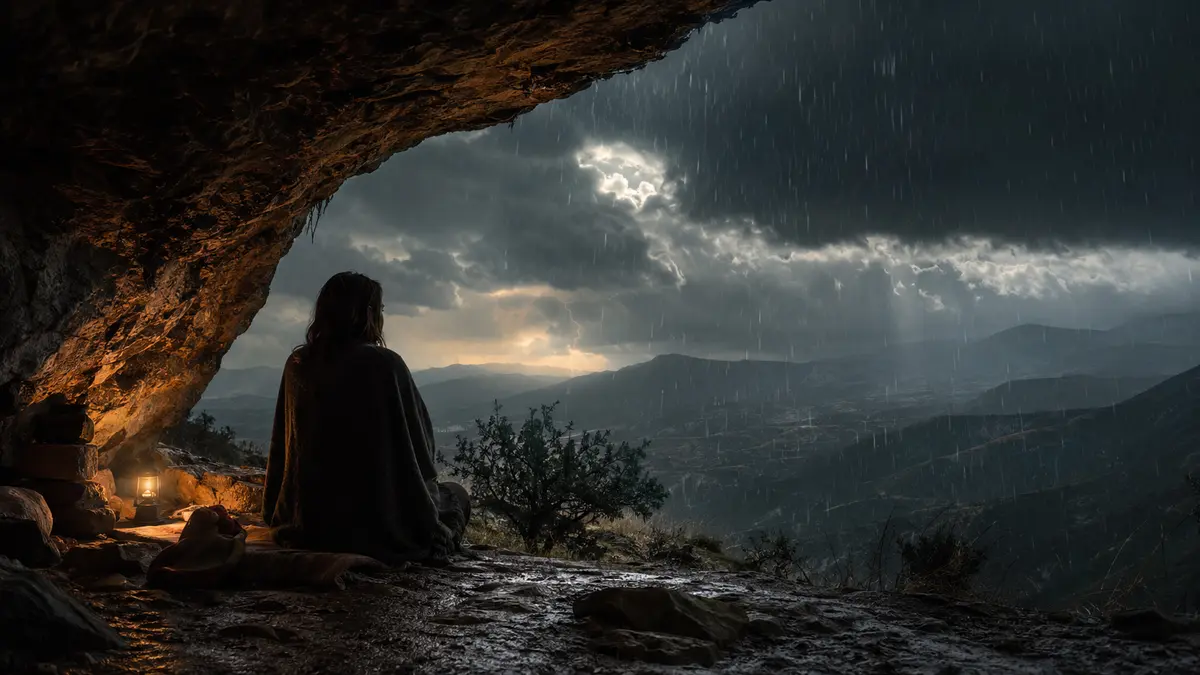 Persona protegida en un refugio de piedra mientras contempla una tormenta sobre las montañas