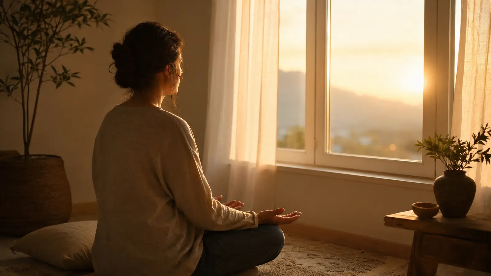 Una persona permanece en silencio con las manos abiertas mientras entra la luz del amanecer