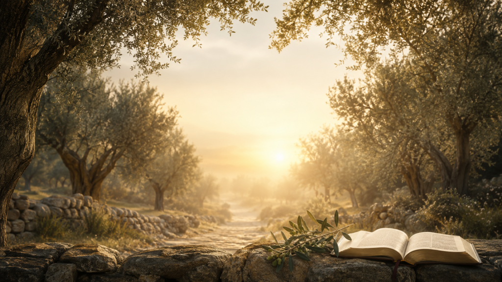 Sendero entre olivos iluminado por el amanecer junto a una Biblia abierta, imagen de esperanza cristiana