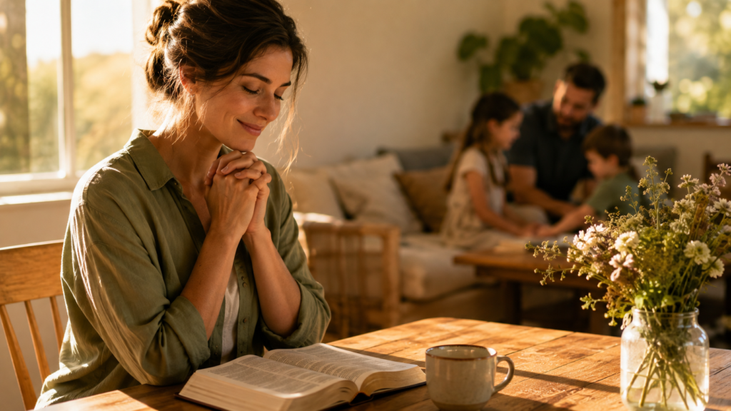 Mujer dando gracias junto a una Biblia abierta mientras su familia comparte un momento en casa