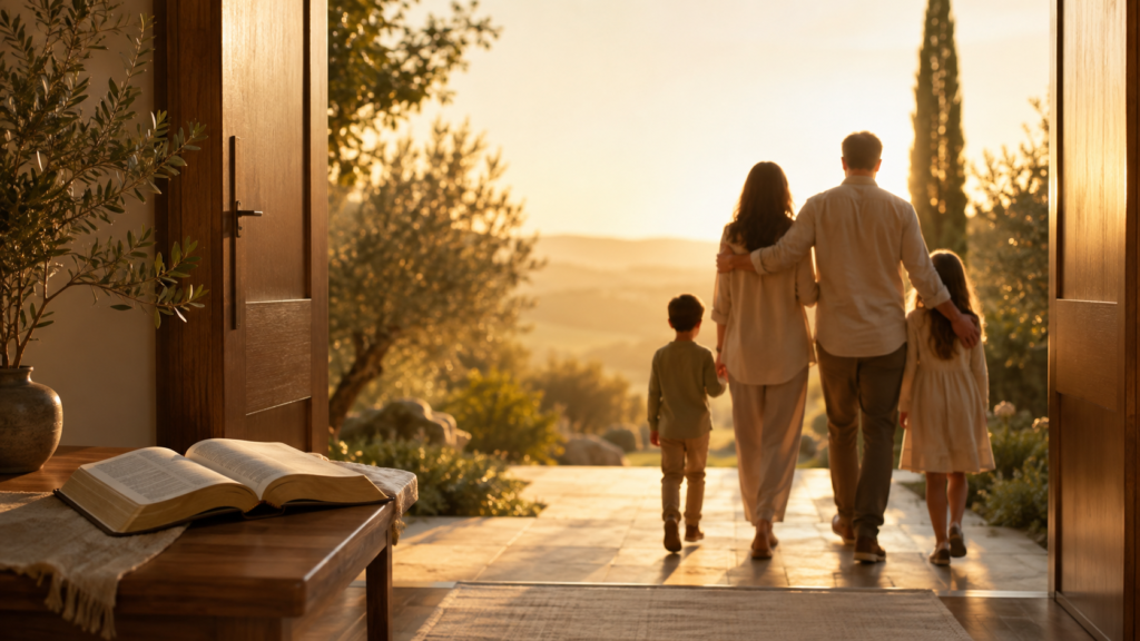 Familia saliendo de casa al amanecer junto a una Biblia abierta, imagen para oraciones de protección