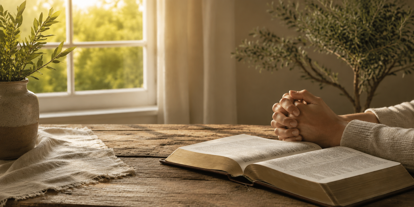 Manos juntas en oración sobre una Biblia abierta