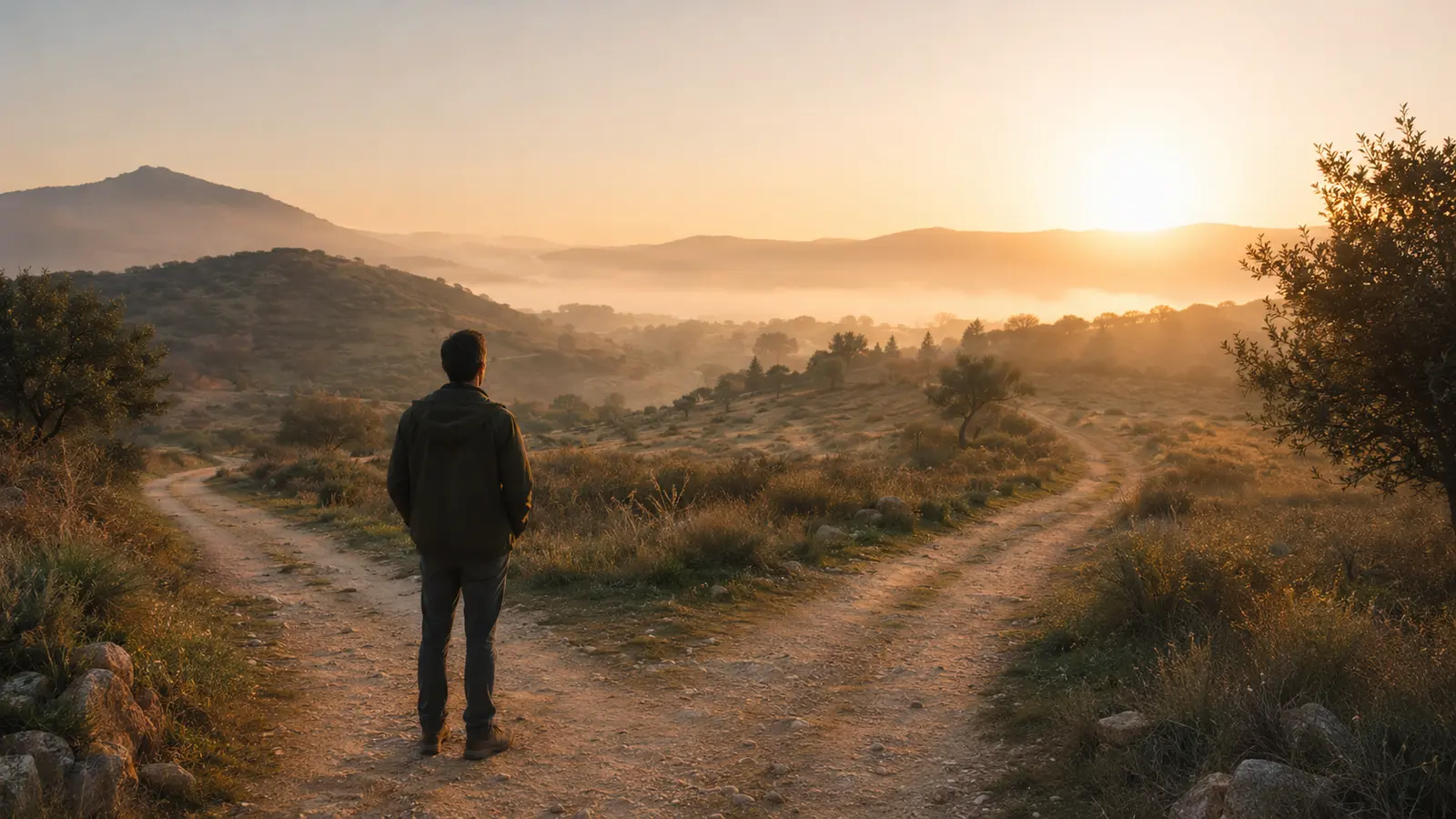 Una persona contempla con calma dos senderos que se abren en un paisaje al amanecer