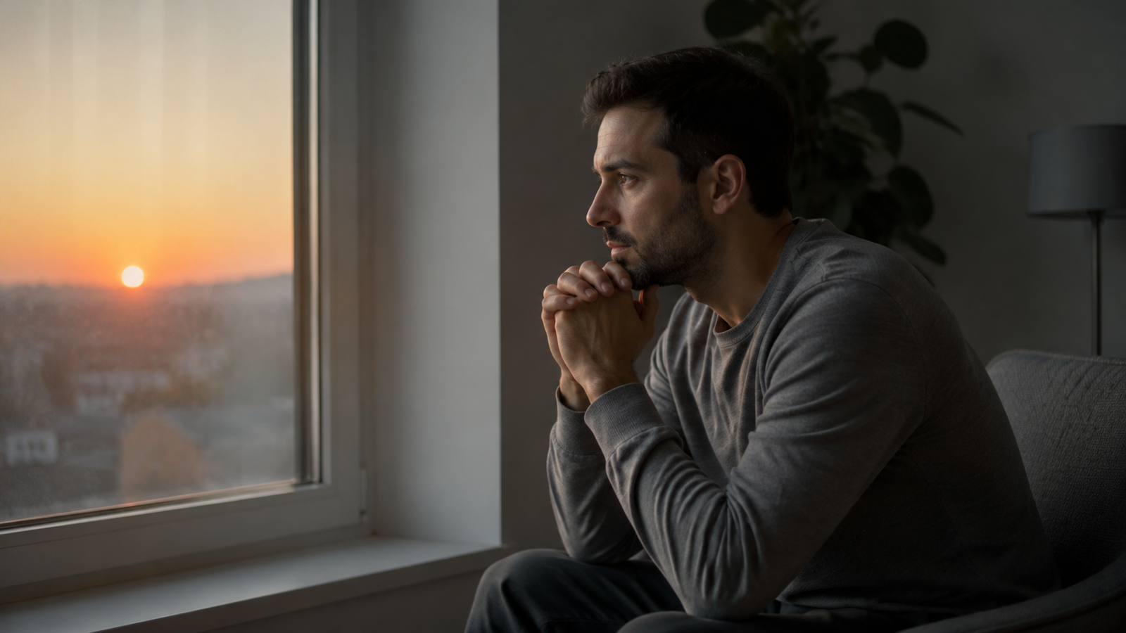 Un hombre reflexiona y ora en silencio junto a una ventana al amanecer