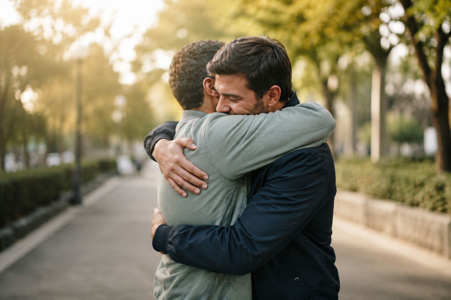 Dos amigos contemporáneos se reconcilian con un abrazo sincero