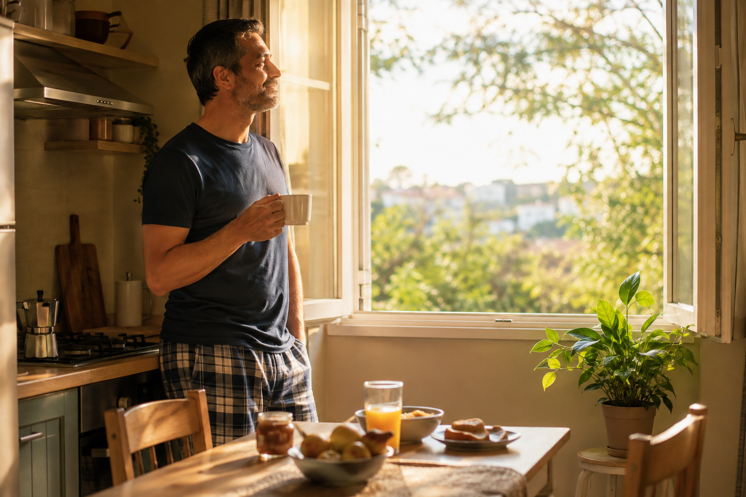 Hombre contemporáneo agradece en silencio las bendiciones sencillas de cada día