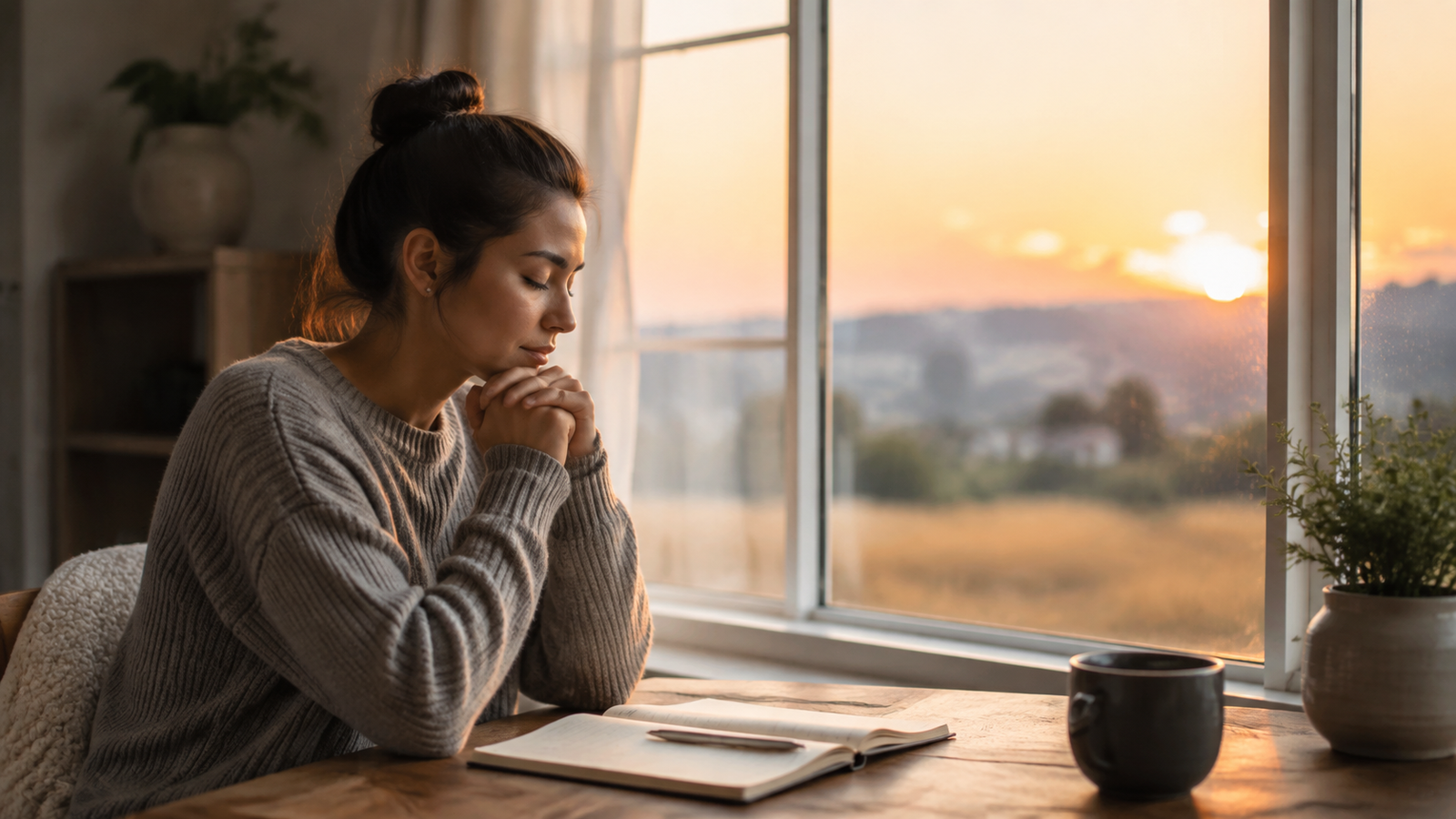 Mujer contemporánea entrega sus preocupaciones a Dios en una oración serena al amanecer