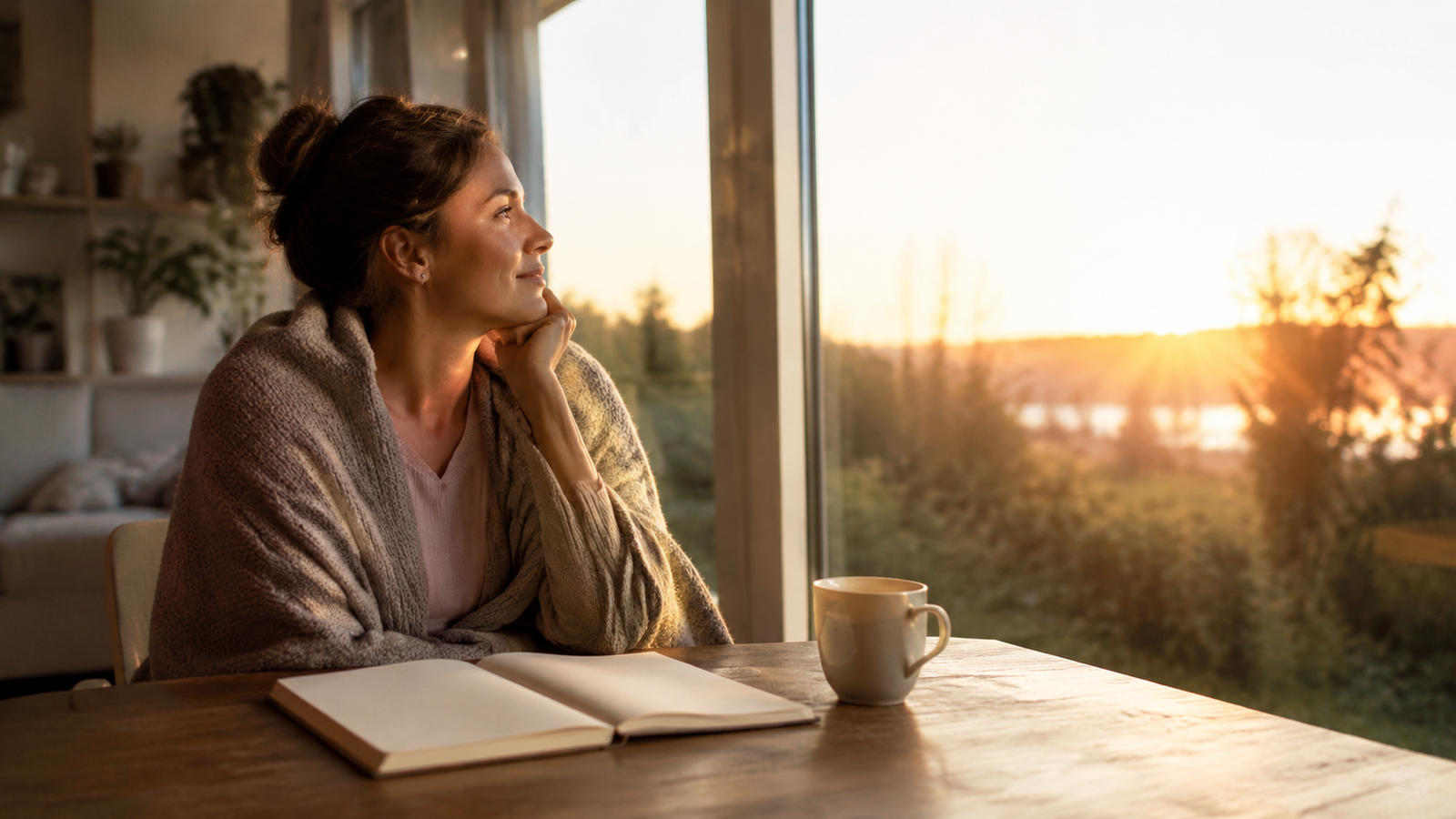 Mujer contemporánea contempla el amanecer mientras confía su futuro a Dios